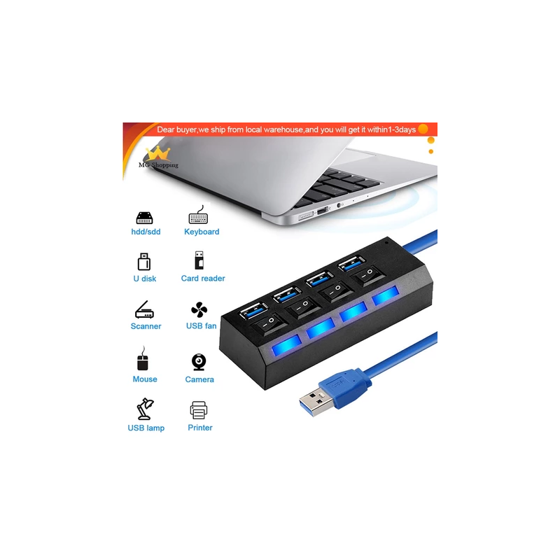 USB HUB 4 Port USB Adapter Powered Split Converter for PC/ Computer/ Notebook Phone