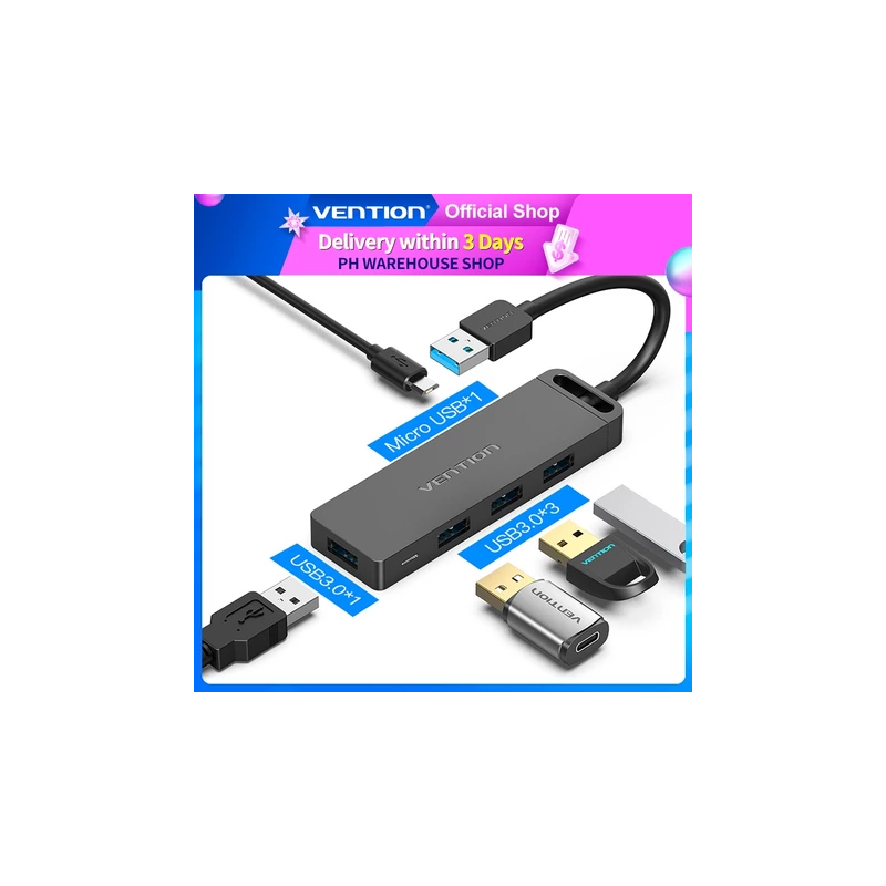 Vention Usb 3.0 Hub 4 Port Multi Splitter High Speed Otg For Laptop Pc Adaptor