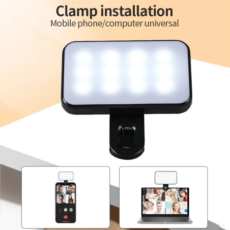 Portable Mini Selfie Fill Light Rechargeable 3 Mode Adjustable Brightness Clip On For Phone Computer