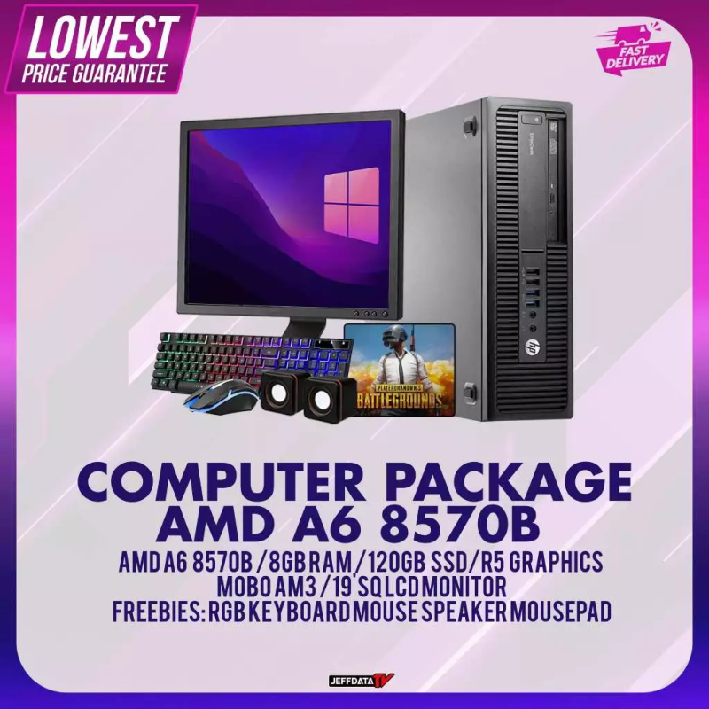 COMPUTER SET AMD A6 8GB RAM 120GB SSD 19 SQ MONITOR RGB KBMS AND SPEAKER