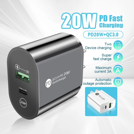 PD20W Super Fast Charge USB Type C Charger 3A PD QC Charger Adapter Dual Port Wall Adapter