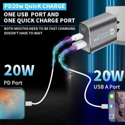 PD20W Super Fast Charge USB Type C Charger 3A PD QC Charger Adapter Dual Port Wall Adapter