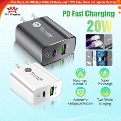 PD20W Super Fast Charge USB Type C Charger 3A PD QC Charger Adapter Dual Port Wall Adapter