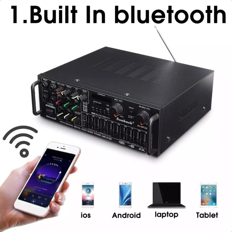 2000W 2 Channel Amplifier With Mixer Equalizer USB Bluetooth Fm Radio AV-MP326BT Home Stereo Audio
