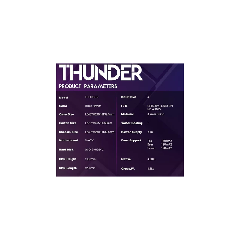 Thunder PC Case Build-in 6 ARGB Fans Cool Design Shaped Gaming PC Case RGB Light Panel by Inplay