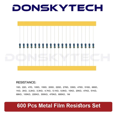 600pcs/set Metal Film Resistor Kit 30 Kinds 1/4W 1% Resistance Assorted Kit 10 -1M Ohm