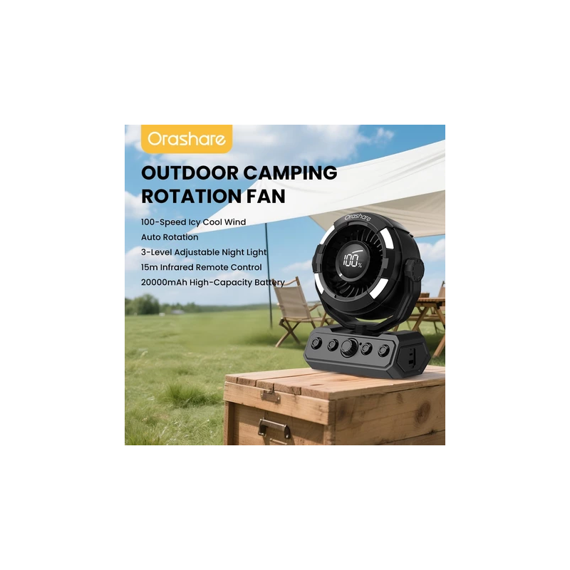 Orashare DF09 20000mAh Rechargeable Camping Fan 100-Speed Remote 180° Oscillating with LED Light