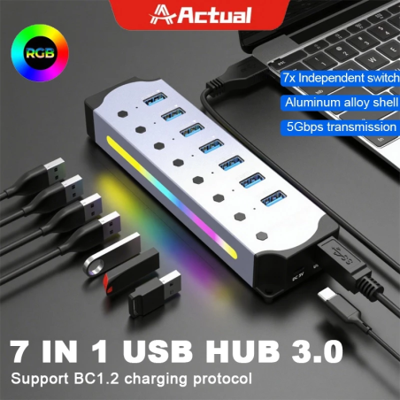 Actual 7 Port Powered USB 3.0 HUB 5Gbps High Speed Interface Individual Switch RGBMultiport USB