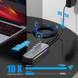 Actual 7 Port Powered USB 3.0 HUB 5Gbps High Speed Interface Individual Switch RGBMultiport USB